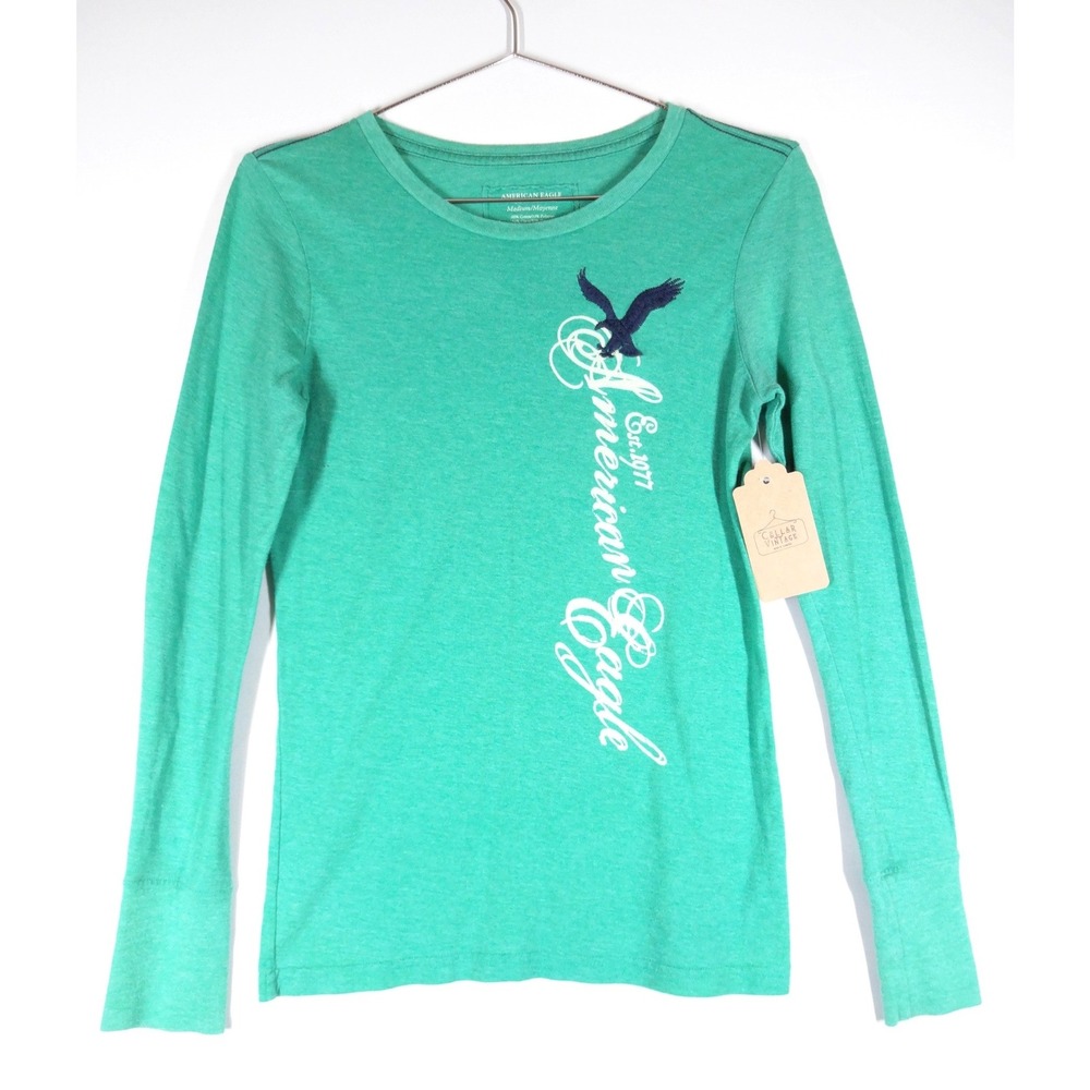American Eagle T-Shirt Women Medium Green Long Sleeve Graphic Logo Y2K Casual